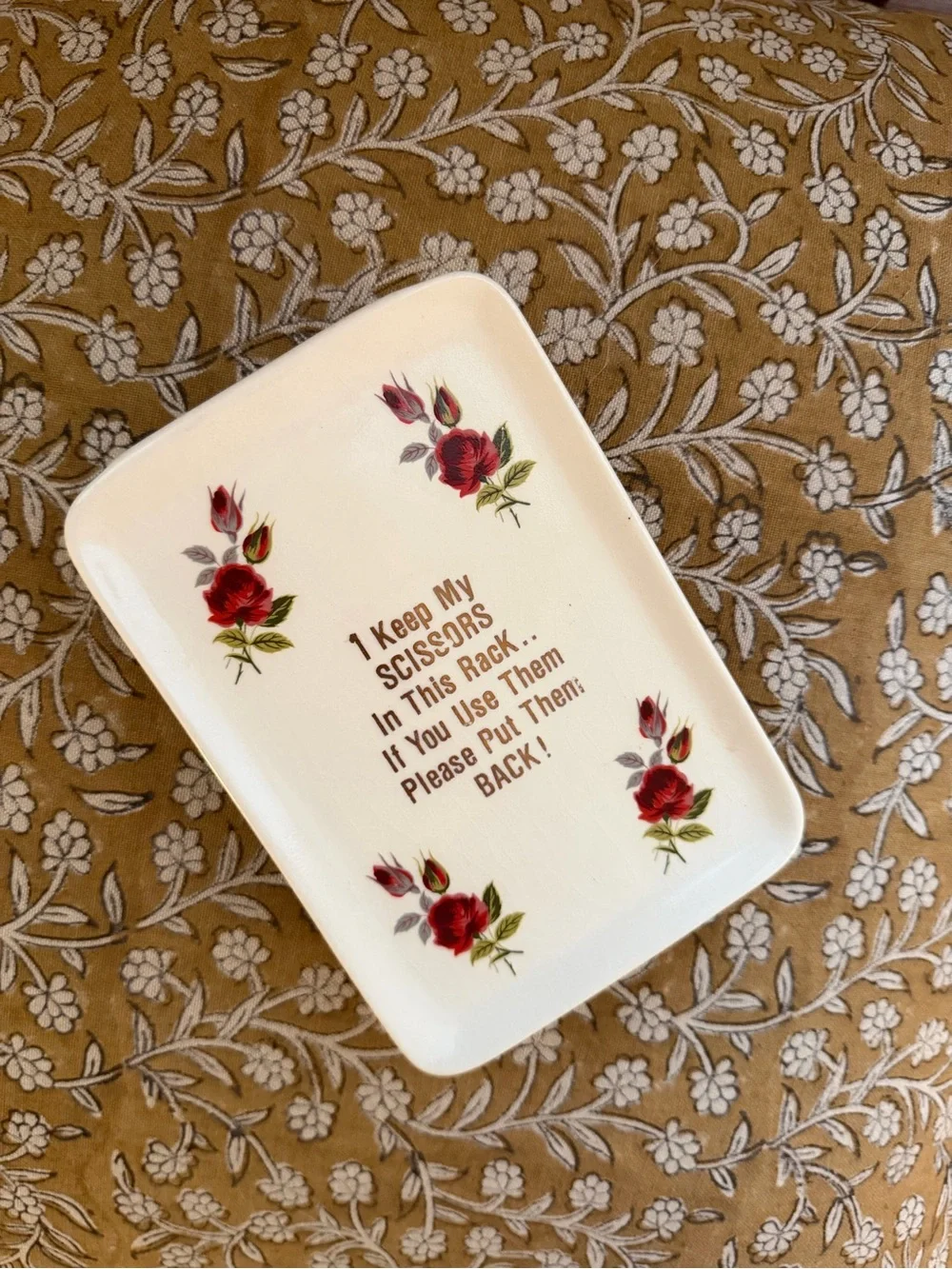 Vintage White Ceramic Scissors Rack with Red Rose design